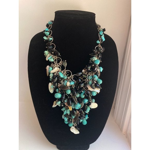 Black Obsidian/ Blue Dyed Howlite/Faceted Crystal/Shell Statement Bib Necklace - Picture 2 of 6